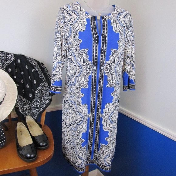 Studio One 3/4 Sleeve Floral Puff Print Shift Dress - Picture 1 of 11